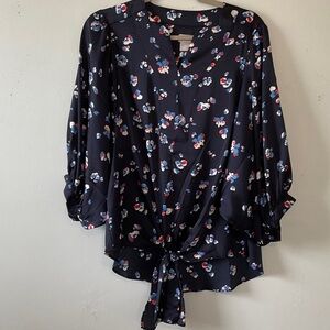 Chico's Navy Floral Tie-Front Top with Red & Light Blue Accents